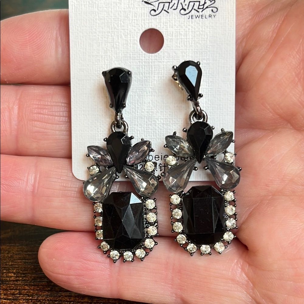 Black Cubic Zirconia Silver Drop Cluster Earrings